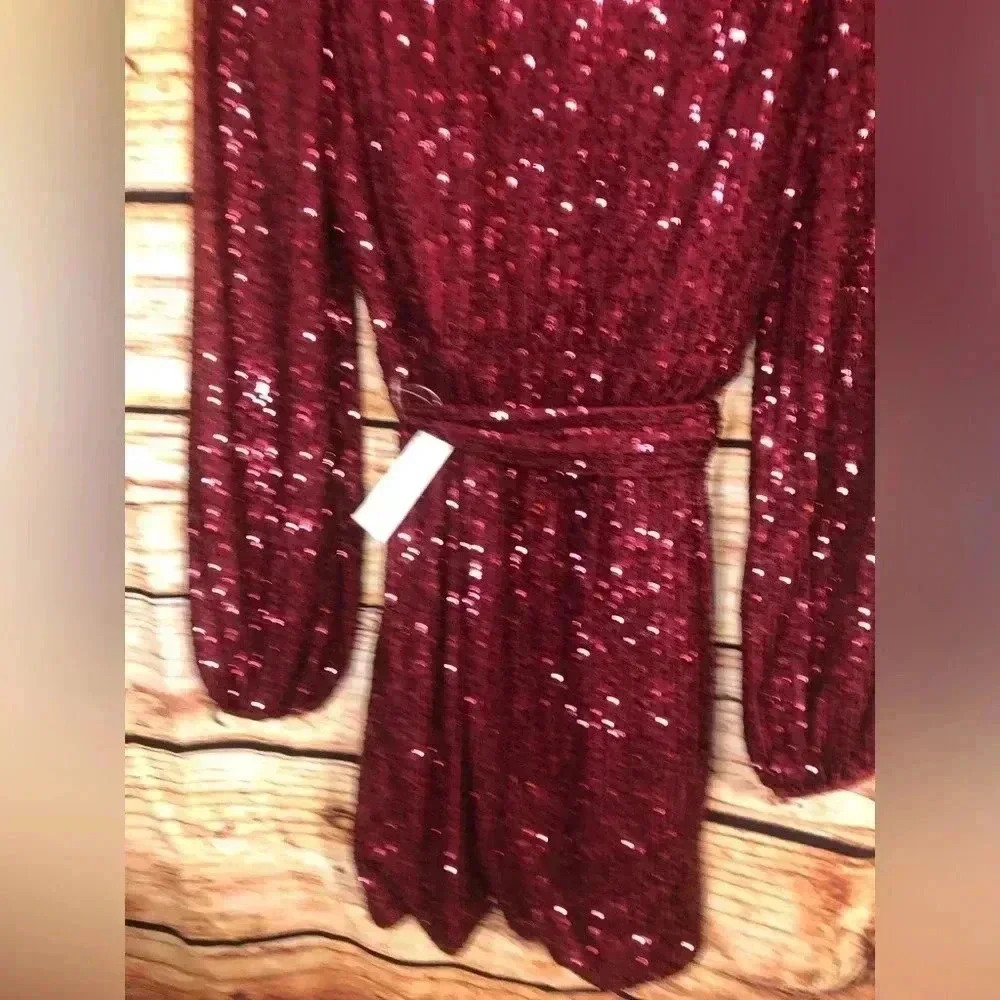 🍒💃🏻Cherry Bomb💃🏻🍒 Red Burgundy Long sleeve Sequin Wrap Dress NWT - Picture 11 of 14